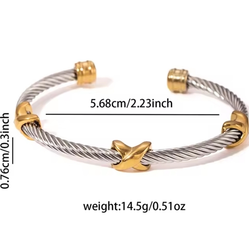 Two-Tone Silver Cable Cuff with Gold X Details - Picture 5 of 5